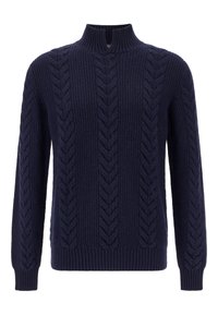 Námořnický svetr s pleteným vzorem, vysokým límcem, texturovanými vzory, dlouhými rukávy a žebrovanými manžetami a lemem.