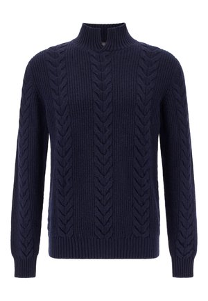Temno modri pulover iz pletenine z visokim ovratnikom, ki ima teksturirane vzorce, dolge rokave ter rebraste manšete in rob.