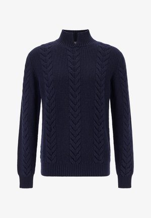 Temno modri pulover iz pletenine z visokim ovratnikom, ki ima teksturirane vzorce, dolge rokave ter rebraste manšete in rob.