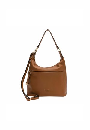 Brown textured leather handbag with a curved shape, a single shoulder strap, gold-tone hardware, and a zipper compartment at the top.