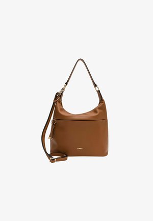 Brown textured leather handbag with a curved shape, a single shoulder strap, gold-tone hardware, and a zipper compartment at the top.