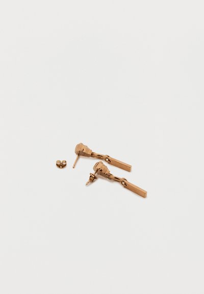 Ζεύγος σκουλαρικιών σε χρυσό τόνο με ορθογώνια κρεμαστά και πίσω μέρος πεταλούδα, σε λευκό φόντο.