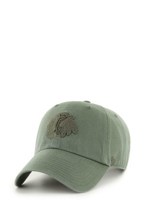 Olive green baseball cap made of cotton, featuring an embroidered logo. Curved brim and adjustable strap at the back.