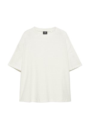 T-shirt blanc oversize à manches courtes avec col rond et fines rayures horizontales texturées, présenté sur fond blanc.
