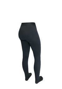 Schwarze Leggings, glatte Textur, hohe Taille, enganliegendes Design, undurchsichtiger Stoff, knöchellängiger Stil, keine sichtbaren Nähte oder Muster.