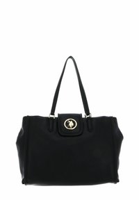 Sac à main en cuir noir avec double poignée, forme rectangulaire, accent doré sur la fermeture magnétique à rabat et texture lisse.