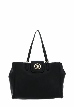 Sac à main en cuir noir avec double poignée, forme rectangulaire, accent doré sur la fermeture magnétique à rabat et texture lisse.