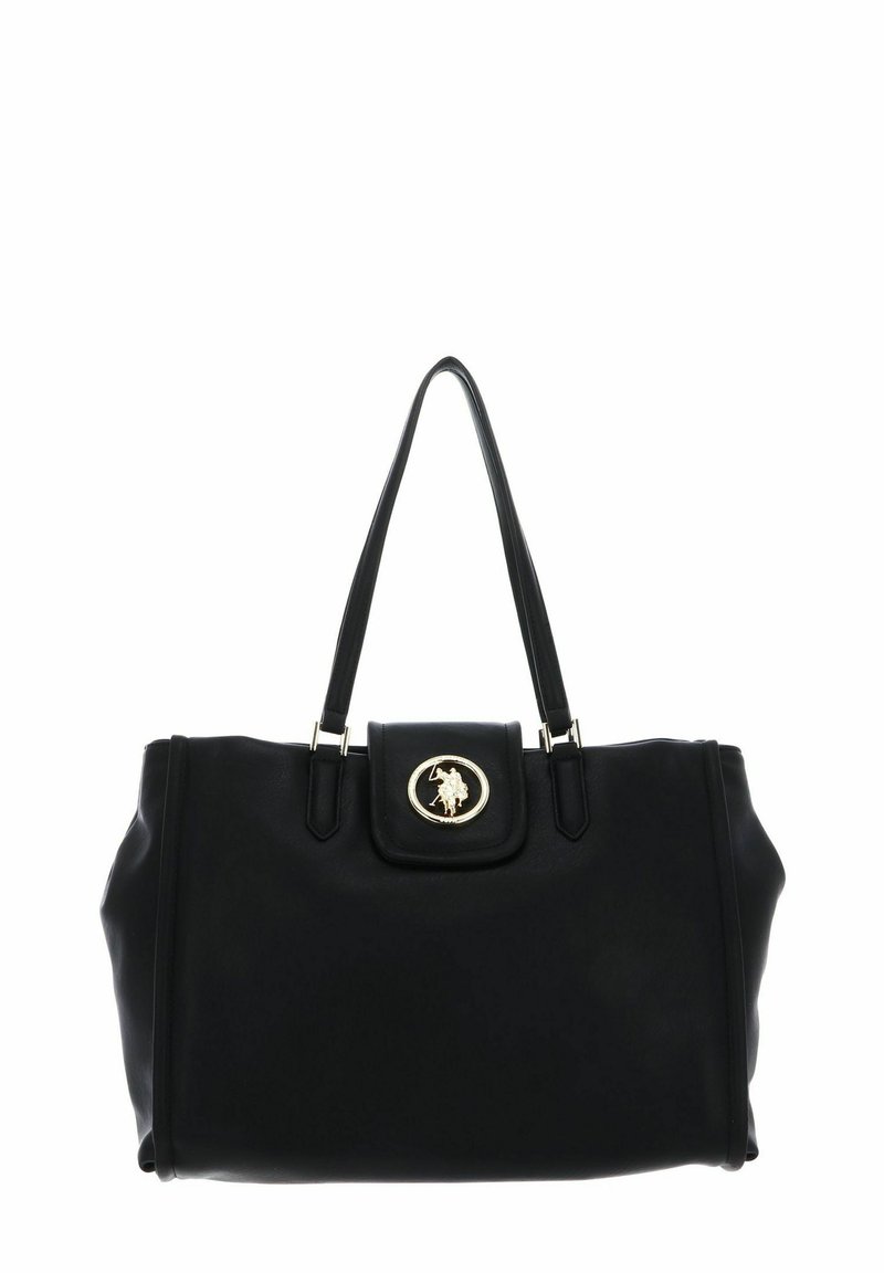 Sac à main en cuir noir avec double poignée, forme rectangulaire, accent doré sur la fermeture magnétique à rabat et texture lisse.