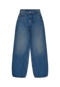 Wide-leg jeans in medium blue denim. High-waisted design with a zip fly, five pockets, and subtle fading on the fabric texture.