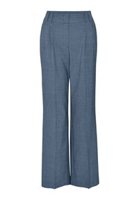 Pantalon plissé bleu clair en tissu texturé, avec une taille haute et des jambes larges, adapté pour une tenue formelle ou professionnelle.