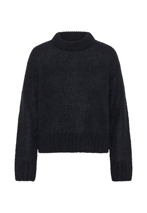 Maglione nero lavorato a maglia con finitura testurizzata, collo alto e rotondo e spalle scese. Lunghezza corta e polsini a costine.