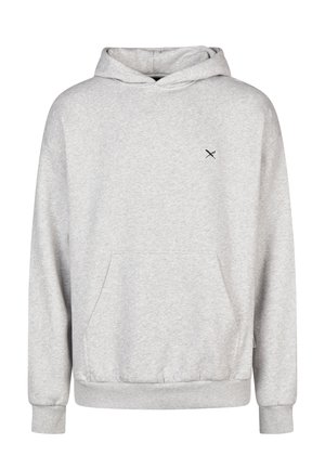 Hellgrauer Pullover-Hoodie mit vorderer Kängurutasche und kleinem schwarzem gekreuztem Schwert- und Schraubenschlüssel-Logo auf der linken Brust.