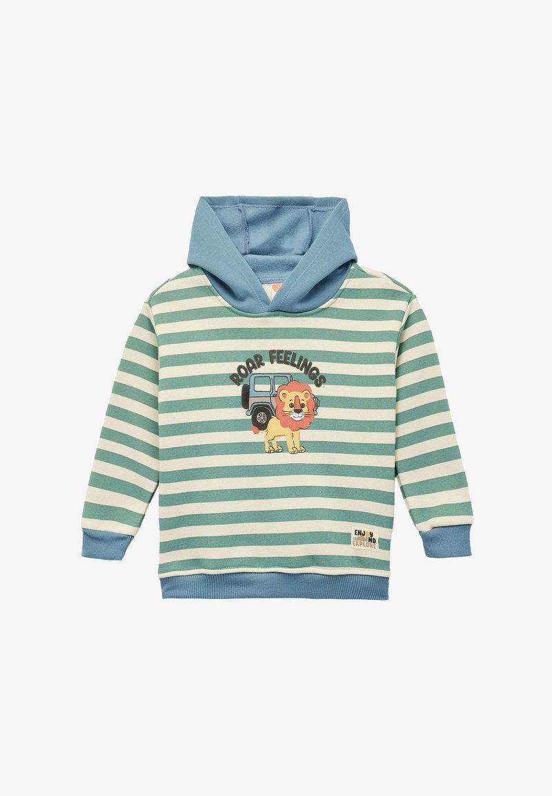 Sudadera a rayas en azul claro y crema, con un gráfico de león y el texto "ROAR FEELINGS". Material de algodón y capucha de acento azul.