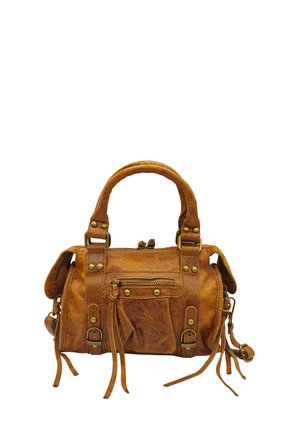 Sac à main en cuir marron avec deux poignées, base plate, poche zippée extérieure, straps décoratifs et accents en laiton. Surface texturée.
