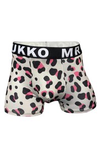 Herren-Boxershorts mit schwarzem und pinkem Leopardenmuster auf weißem Stoff und einem schwarzen Bund mit der Aufschrift "MR UKKO".