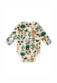 Cotton long-sleeve bodysuit with a cream background, featuring a colorful forest animal print, including deer, foxes, and a badger.