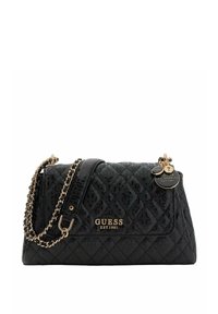 Sac à main noir matelassé avec ferrures dorées, détail de logo et bandoulière chaîne. Comprend une fermeture éclair et un charm décoratif.