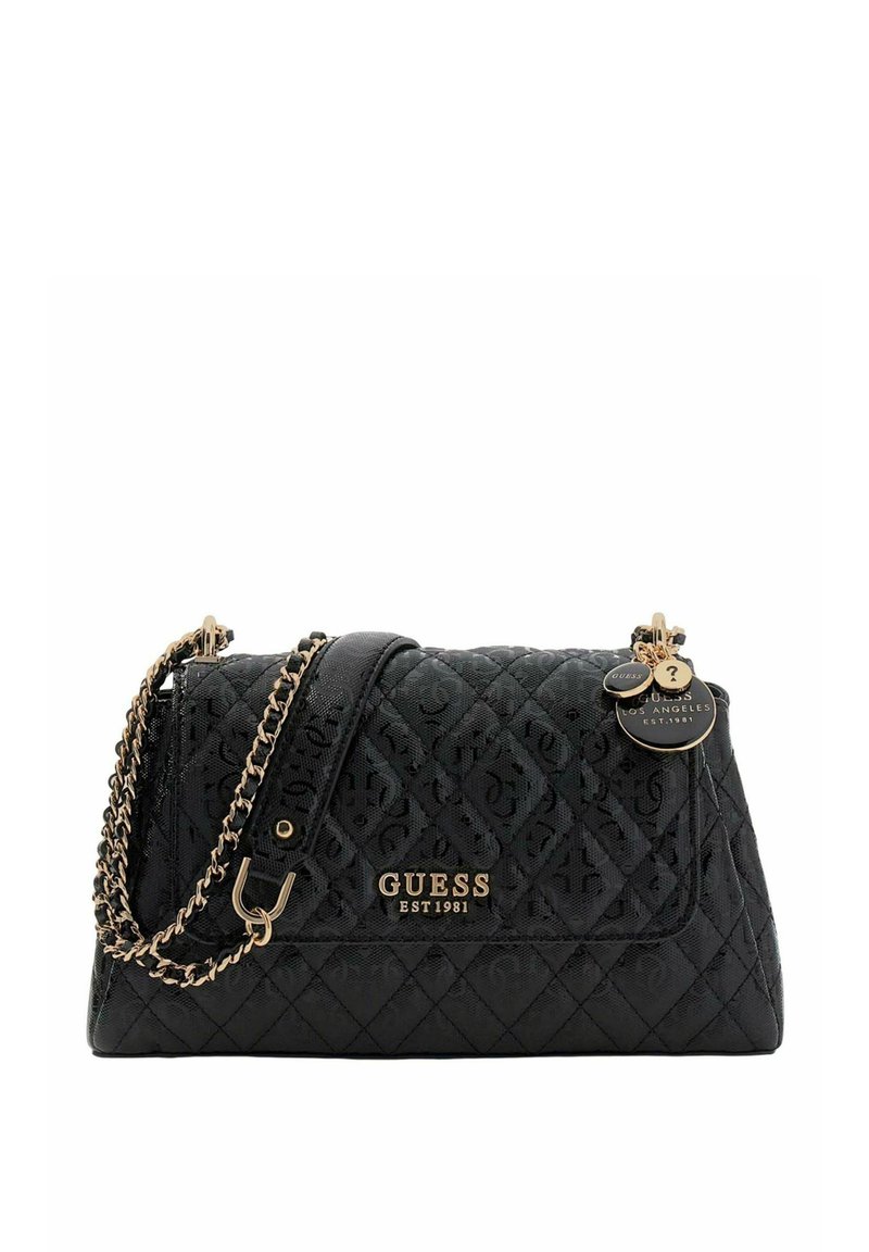 Sac à main noir matelassé avec ferrures dorées, détail de logo et bandoulière chaîne. Comprend une fermeture éclair et un charm décoratif.