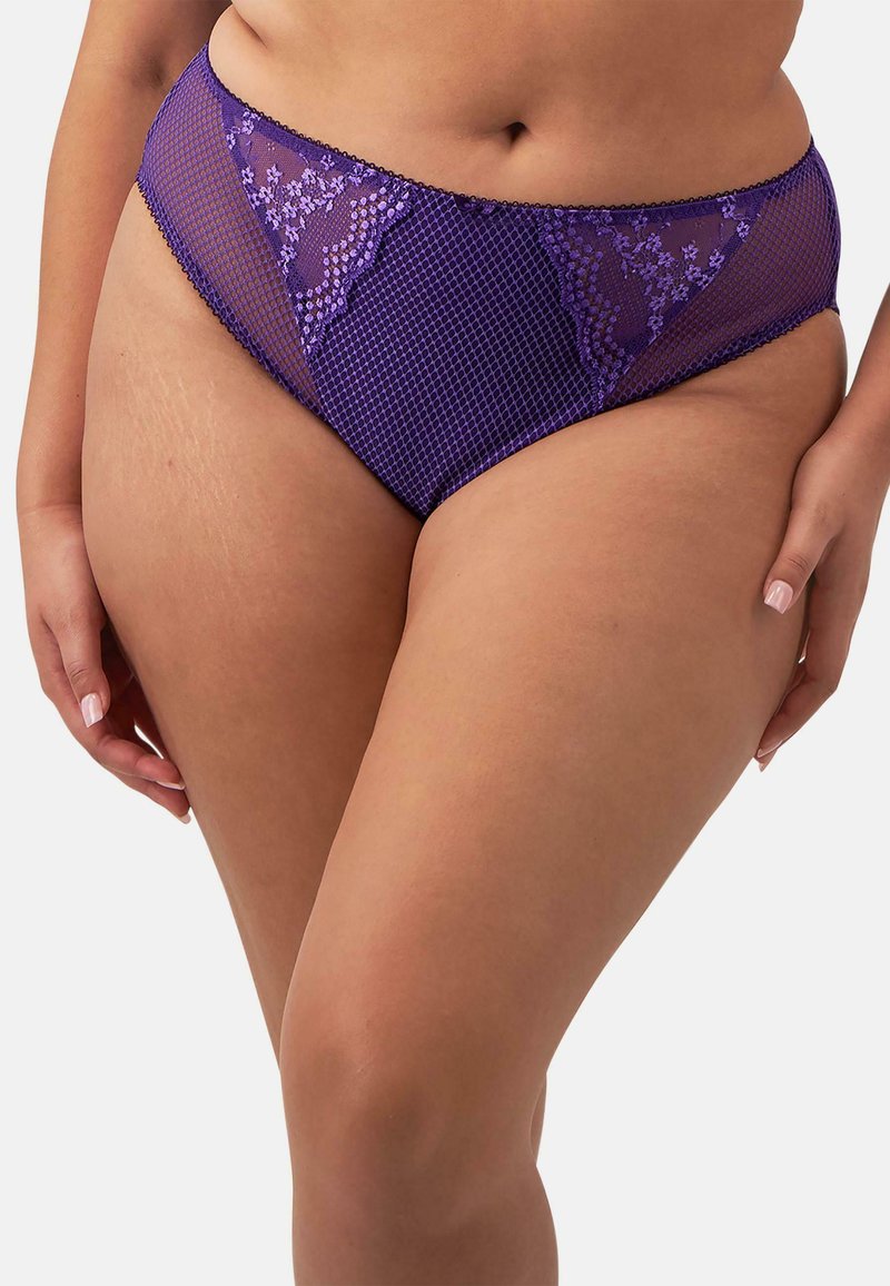 Paarse kanten panties met een geavanceerd meshontwerp en geschulpte randen, met een contrastpatroon en een hoge taille.