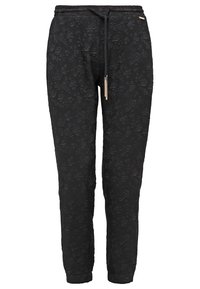 Pantalon noir fuselé avec taille élastique, texture jacquard florale et cordon de serrage avec embouts métalliques.