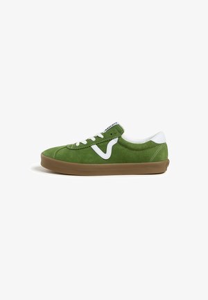 Sneakers verde in suede con dettagli bianchi, design con lacci, suola in gomma marrone e logo sulla linguetta. Silhouette a taglio basso.