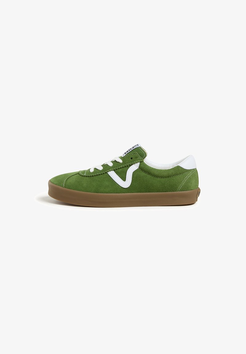Green suede sneakers with white accents, lace-up design, rubber brown sole, and logo detail on the tongue. Low-cut silhouette.