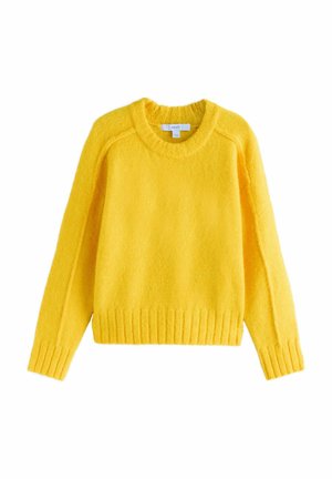 Yellow wool sweater with a round neck, ribbed cuffs and hem, and a soft texture. Features a relaxed fit and raglan sleeves.