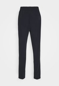 Navy jogger pants with an elastic waistband, tapered leg design, back pocket, and smooth fabric texture. No visible patterns or accents.