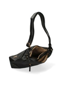 Borsa a spalla in pelle nera con finitura testurizzata, dettagli in oro, apertura superiore e interno beige, dotata di molteplici scomparti per l'organizzazione.