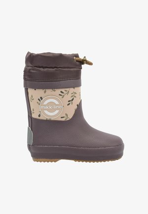 Barna gumicsizma példányos felülettel, virágmintás panellel, zsinóros felső résszel és szürke sarokrésszel. Márkás logó látható.