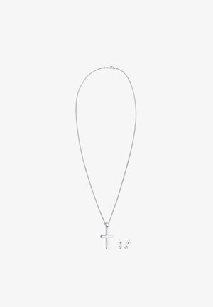 Srebrny naszyjnik z krzyżem na delikatnym łańcuszku, z polerowanym wykończeniem. W zestawie z dwiema przezroczystymi kolczykami wkrętkami.