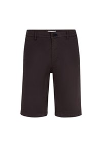 Pantaloni corti neri realizzati in tessuto leggero, con chiusura a bottone, passanti per cintura e design frontale piatto. Lunghezza classica appena sopra il ginocchio.