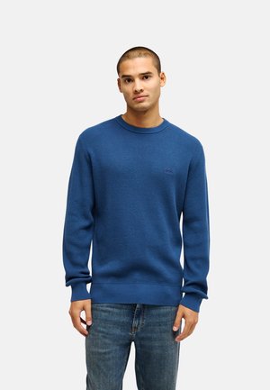 Jonge man met kort haar die een blauwe gestructureerde trui en blauwe spijkerbroek draagt, staand tegen een effen lichte achtergrond.