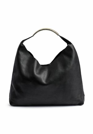 Borsa hobo in pelle nera con una silhouette curva, una texture liscia e una maniglia metallica. Presenta un'apertura superiore per un facile accesso.