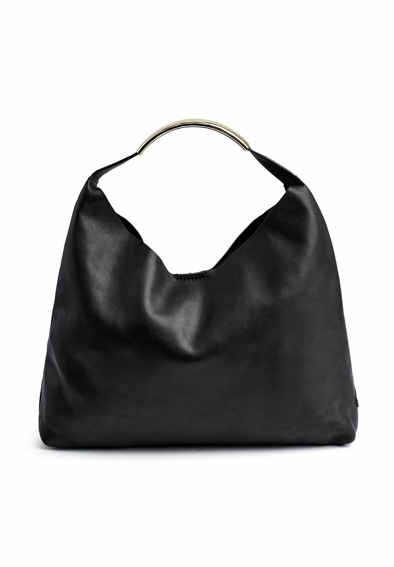 Črna usnjena hobo torba s ukrivljeno silhueto, gladko teksturo in kovinsko ročico. Ima zgornje odpiranje za enostaven dostop.