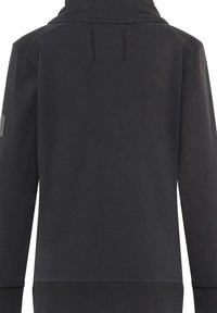 Schwarzer Kapuzenpullover mit Kängurutasche, geripptem Saum und Bündchen. Verfügt über eine Rückennaht und dekorative Nähte auf den Schultern. Weicher Stoff.