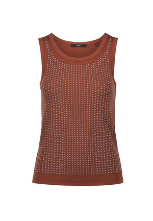 Brown sleeveless top featuring a ribbed texture with small metallic accents, round neckline, and fitted design. Suitable for casual wear.