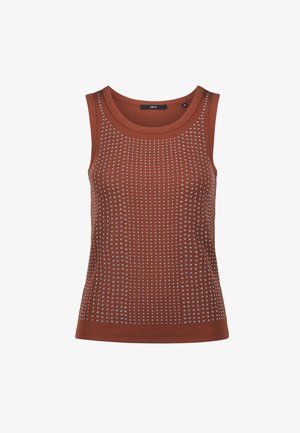 Bruine mouwloze top met een geribbelde textuur en kleine metalen accenten, ronde halslijn en een aansluitend ontwerp. Geschikt voor casual draagstijl.