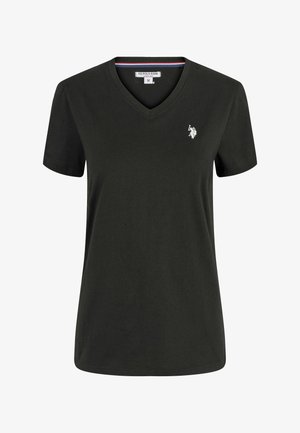 Svart v-hals t-skjorte laget av myk bomull, med korte ermer og en liten hvit logo på venstre bryst. Rent, enkelt design.