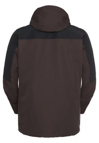 Giacca impermeabile marrone con cappuccio, caratterizzata da una parte superiore nera. Tessuto liscio, maniche lunghe e orlo dritto nella parte inferiore.