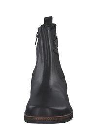 Bottine en cuir noire avec fermeture éclair sur le côté, bout arrondi, petit talon block, texture lisse et matériel minimal. Pas de motifs ou d'accents visibles.