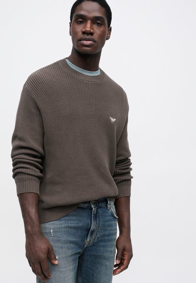 Καφέ ριγωτό πουλόβερ, με στρογγυλή λαιμόκοψη, με μπλε μπαρέτα γύρω από το λαιμό και ένα μικρό λογότυπο στο στήθος. Φ worn σε με ανοιχτόχρωμα μπλε τζιν.