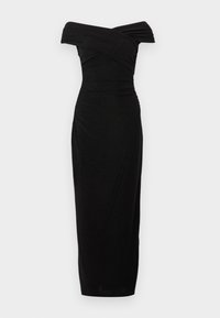 Μαύρο φόρεμα με ανοιχτούς ώμους, εφαρμοστή γραμμή, πλισέ μπούστο και ίσια μίντι φούστα. Κατασκευασμένο από υφασμάτινο ύφασμα με υφή.