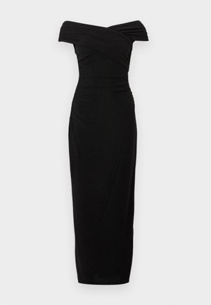 Abito nero con scollatura a spalle scoperte, silhouette aderente, corpino arricciato e gonna dritta di lunghezza midi. Realizzato in tessuto strutturato.