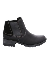 Black leather ankle boot with a smooth surface, elastic side panels, a slightly textured heel, and contrasting stitching details.