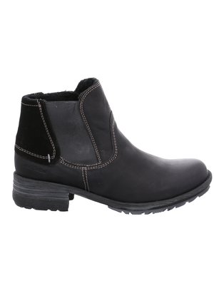 Black leather ankle boot with a smooth surface, elastic side panels, a slightly textured heel, and contrasting stitching details.
