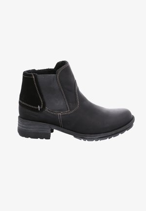 Black leather ankle boot with a smooth surface, elastic side panels, a slightly textured heel, and contrasting stitching details.