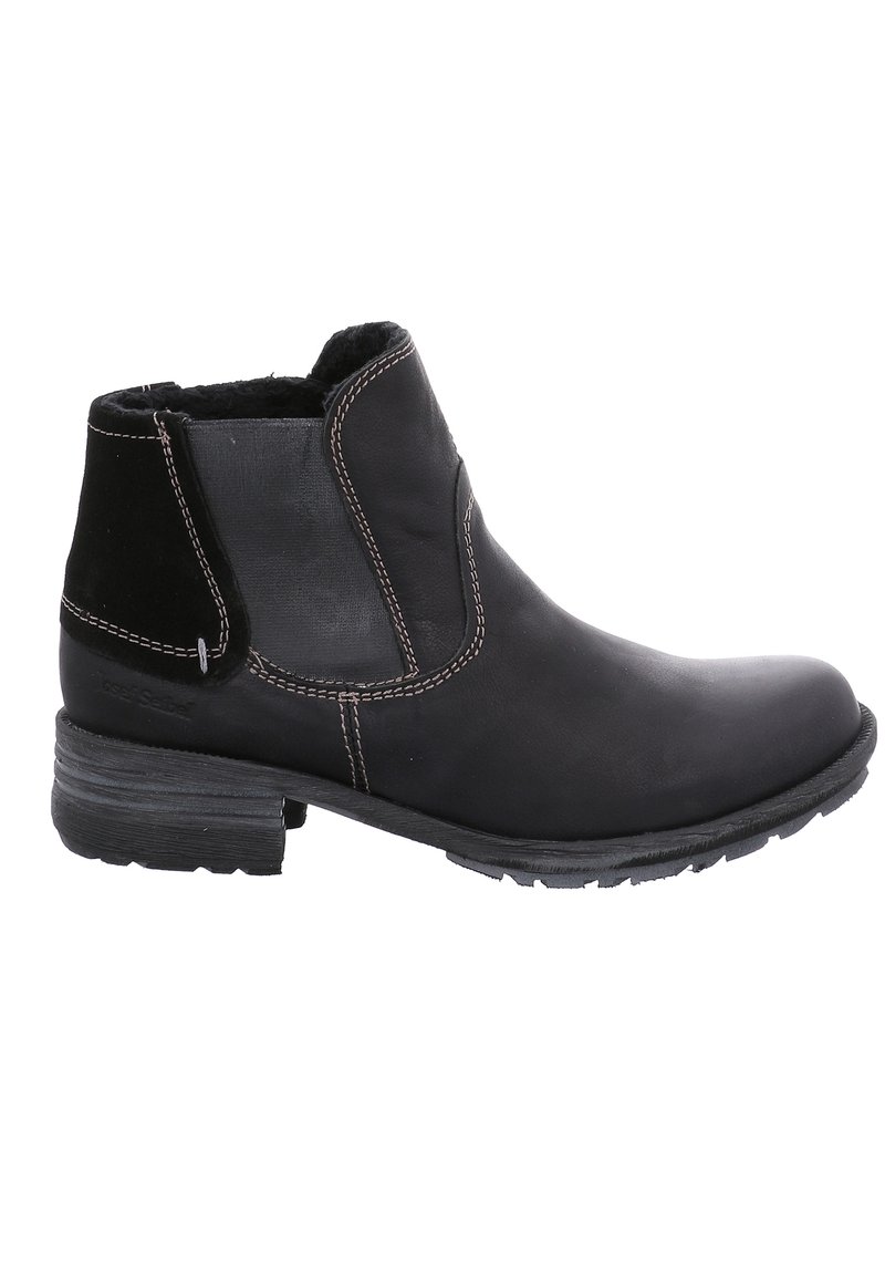 Black leather ankle boot with a smooth surface, elastic side panels, a slightly textured heel, and contrasting stitching details.