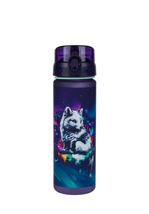 Donkerpaarse waterfles met een kleurrijke, gloeiende vosillustratie aan de voorkant en een veilige flip-top dop.