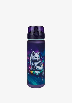Donkerpaarse waterfles met een kleurrijke, gloeiende vosillustratie aan de voorkant en een veilige flip-top dop.
